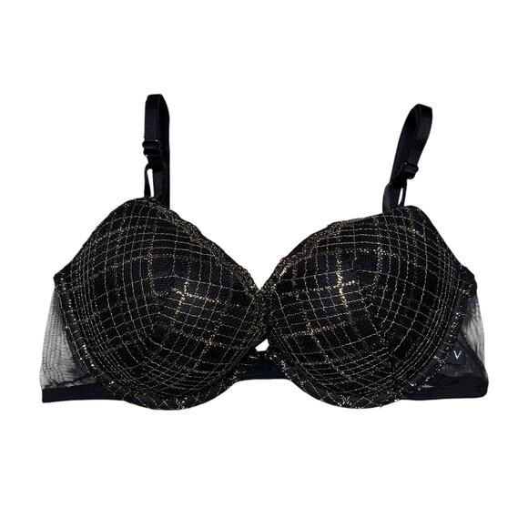 Victoria's Secret Push-Up Black Gold Glitter Lattice Bra Size 34A - Picture 1 of 3